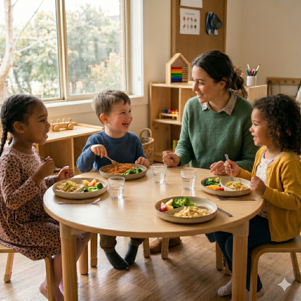 Children eating similar but not the same meals at daycare in an inclusive environment