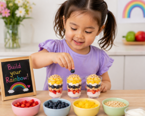 Child layering colourful fruit and yogurt into a clear cup