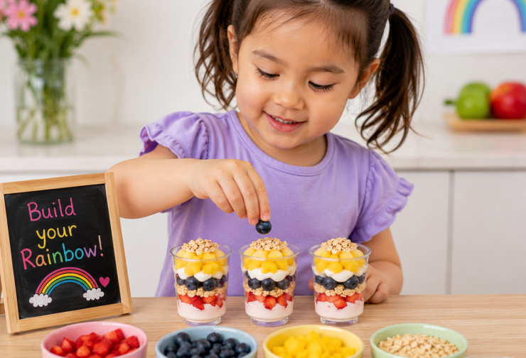 Child layering colourful fruit and yogurt into a clear cup