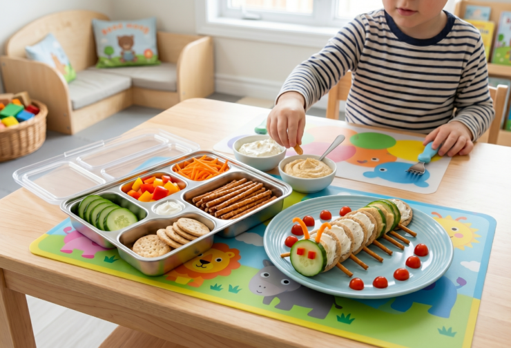 Child making food in the shape of a caterpillar