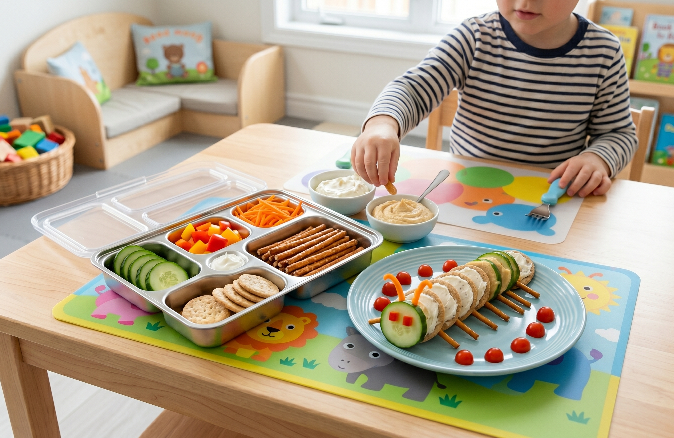 Child making food in the shape of a caterpillar