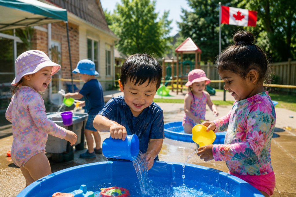 Kids at daycare playing with water in summer