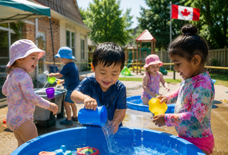 Kids at daycare playing with water in summer