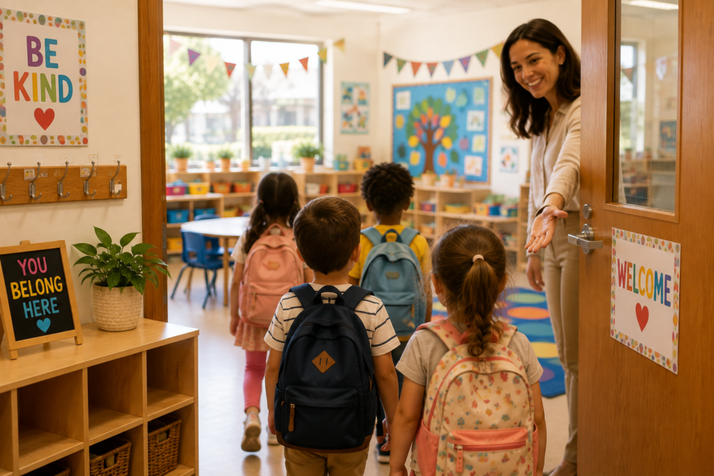 teacher welcoming kids to their new classroom