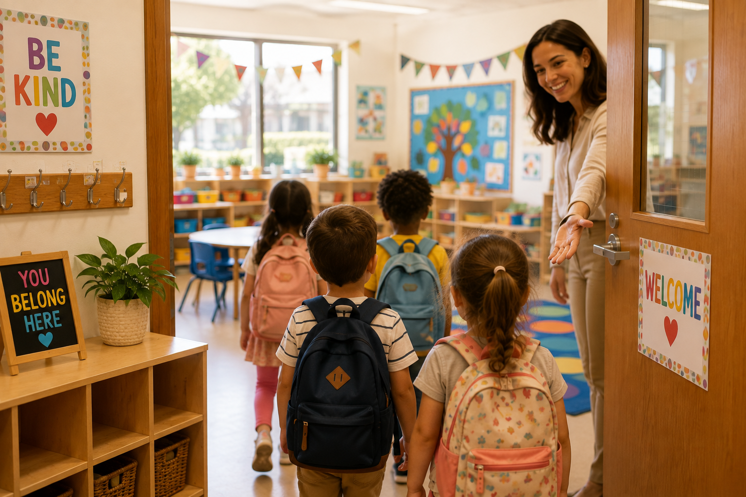 teacher welcoming kids to their new classroom